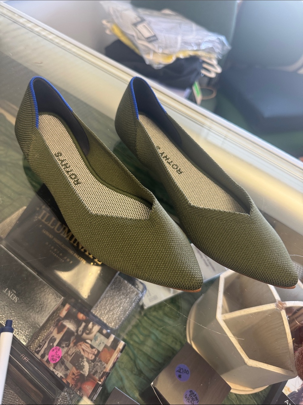 Rothy's Olive Green Pointed-Toe Knit Flats with Blue Trim